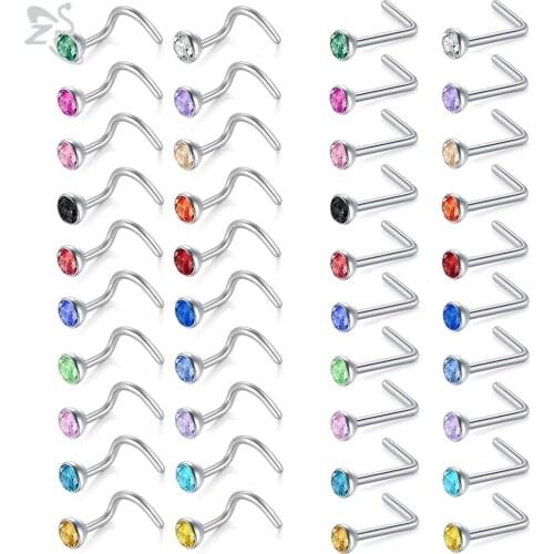 ZS 20pcs/lot 20G Colorful Nose Ring Set Stainless Steel Nose Piercings 3MM Round CZ Crystal Gem Bone Retainer Piercing Jewelry