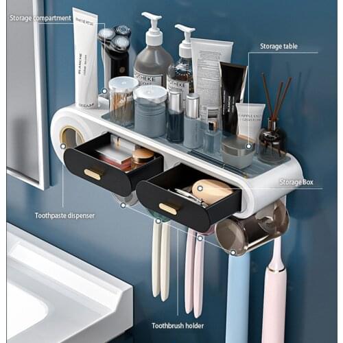 Toothbrush Holder With Drawer Wall Mounted Toothbrush Rack Punch-Free Automatic Toothpaste Squeezer Bathroom Accessories