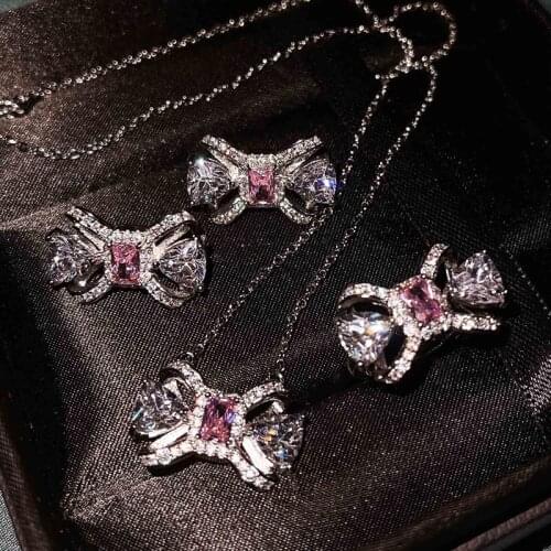 Delicate Pink Bow Pendant Necklace Shiny Crystal Zircon Charm Earrings Rings Fashion Summer Jewelry For Women Wedding Birthday