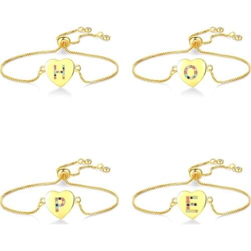 Delicate Colorful Rainbow Zircon 26 Letter Bracelet Gold Color CZ Paved Initial Heart Adjustable Snake Chain Crystal Bracelet