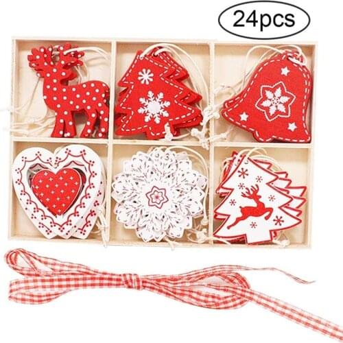 Christmas Tree Decoration Pendants 6 Grid Wooden Box+24 Pendants Set Xmas Home Decor Crafts Wood Chips Props Decoration Supplies