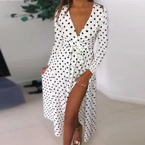 Sexy Women Beach Polka Dot Bandage High Split Deep V Long Sleeve Maxi Dress