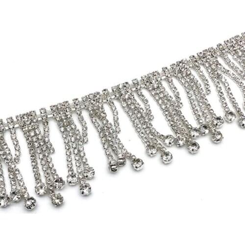 10Yards Diamond Rhinestone Trim Silver Clear Stone Flatback Glass Crystal Decorative Tassel Fringe Chain Clothing Accessories