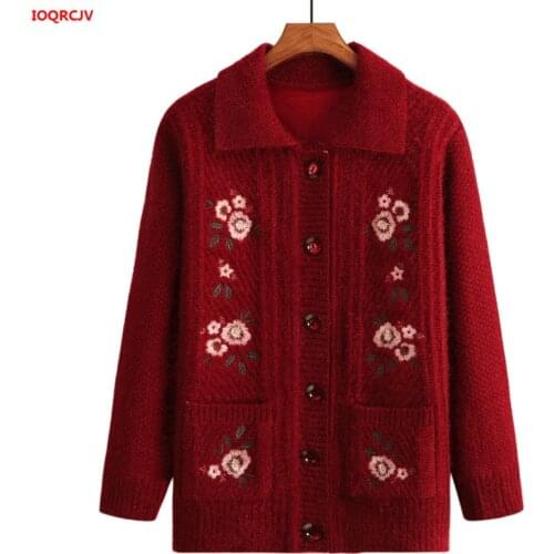 Elderly Women Knit Sweater Coats Winter Thicked Plus Velvet Grandmother Loose Cardigan Women Sweater Casual Tops Plus Size W1673