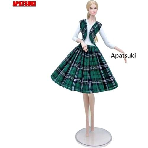 Green Plaided Fashion Doll Vest Coat & Dress For Barbie Doll Clothes Set Outfits 1/6 Dolls Accessories Toys For Children