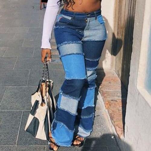 WomenS High-Waist Flared Pants Fashion Street Hipster Sexy Color Contrast Stitching Straight Casual Slim Jeans Trousers