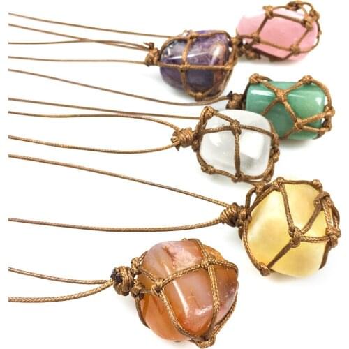 Handmade Rope Wrapped Pink Green Purple Healing Crystal Pendant Accessories Necklace Jewelry for women Wholesale
