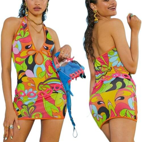 Backless Deep V Neck Abstract Print Halter Dress Women Summer Hollow-Out Dresses Sleeveless Tight Vestidos for Girls Orange