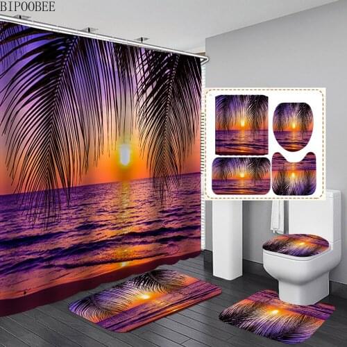 3D Dusk Beach Fabric Shower Curtain Bathroom Curtains Ocean Scenery Toilet Lid Cover Anti-slip Carpet Bath Mats Rugs Home Decor
