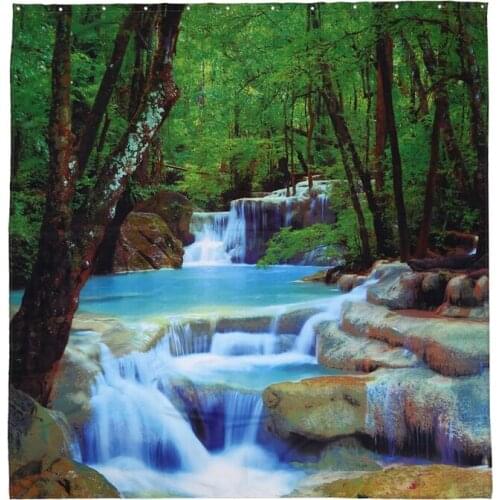 3D Waterfall Scenery Waterproof Shower Curtain Bathroom Products Creative Polyester Bath Curtain with 12 Hooks