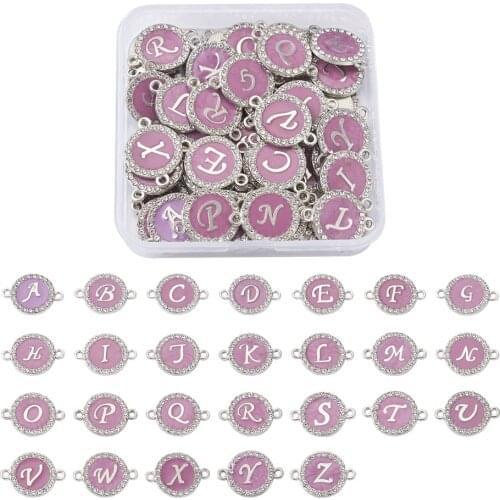 52pcs Alloy Enamel 26 Letters Charms Flat Round Crystal Rhinestone Connector Link Charms for Jewelry DIY Bracelet Making Skyblue