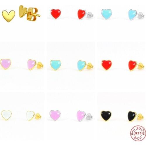 BOAKO 925 Sterling Silver Red Blue Purple Enamel Heart Shape Stud Earrings For Women Girls Gift Cute Tiny Candy Color Ear Studs