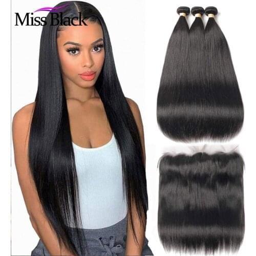 Miss Black Brazilian Hair Weave Bundles With Frontal Deal Straight Human Hair 13x4 Swiss Lace Frontal Closure with Bundles