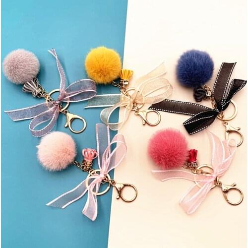 New Lace Bow-Knot Round Ball Keychains Women Girl Cute Pompom Faux Mink Fur Keychain Pendant Bag Charms Keyring Friends Gift
