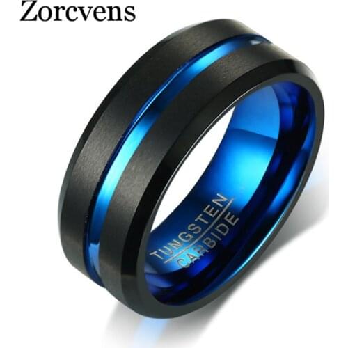 Modyle Black Tungsten Carbide Ring For Men Women Matte Finished Wedding Bands Blue Carbon Fiber Groove Rings Jewelry