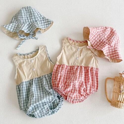 Baby Girl Boys Plaid Sleeveless Romper + Grid Sun Hat Clothes Newborn 2021 Summer Breathable Bodysuits Ins Style Clothing Sets