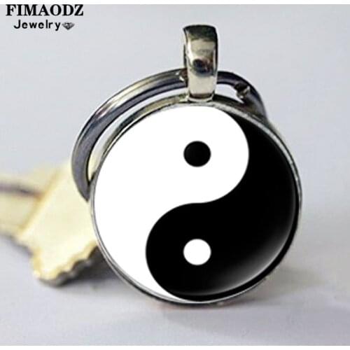 FIMAODZ Chinese Yin Yang Keychain Black White Tai Chi Butterfly Dragon Cat Pattern Glass Round Metal Key Chain Ring