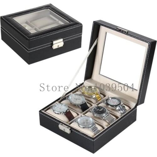 Square 6 Slots Watches Boxes Case Black PU Leather Watch Organizer Holder New Watch Storage Case Packing Gift Jewellry Boxes
