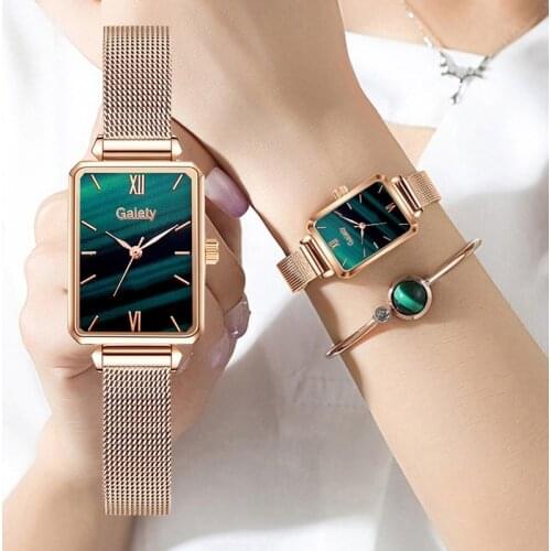 Women Fashion Quartz Watch Bracelet Set Green Dial Luxury Women Watches Simple Rose Gold Mesh Ladies Watch Dropshipping
