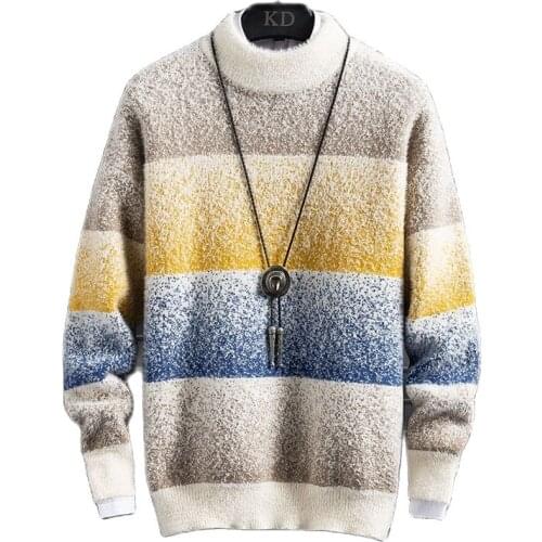 Winter New Top Quality Cashmere Sweater Men Fashion Striped Male Jumpers Half Turtleneck Thick Warm Mens Pullovers Sweaters Tops