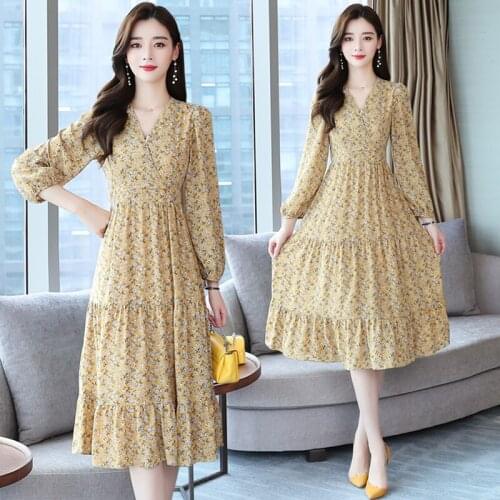 2021 New Floral Chiffon Boho Midi Dresses Autumn Vintage Plus Size Long Sleeve Beach Dress Women Elegant Bodycon Party Vestidos