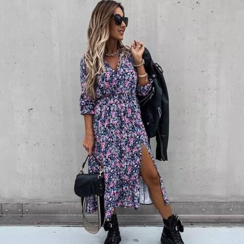 Autumn Long Floral Print Dress Robe for Women 2021 Casual Long Sleeve Split Dress Female Boho Elegant Maxi Party Spring
