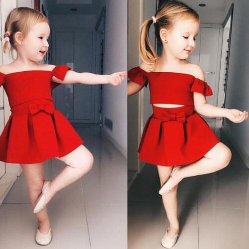 1-4 Years Old Girls Dress off shoulder top puffy pleated skirt two piece performance suit Summer Beach Outdoor Outfit Girl Dress