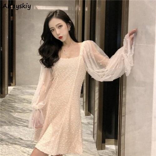 Party Dress Women Mesh Patchwork Puff Sleeve Pearl Elegant Ladies Square Collar Slim Sexy Womens Clothing Korean Soft Harajuku