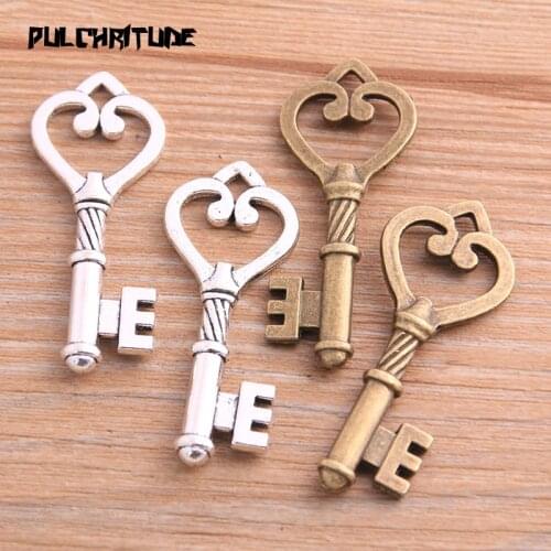 4pcs 18*46mm Two Color Heart Key Charms Hollow Pendants Handmade Decoration Vintage For DIY Jewelry Making Findings
