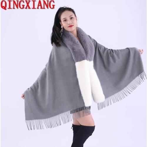 2020 Winter Women Big White Grey Faux Fur Long Collar Tassel Pashmina Black Thick Scarf Warm Crystal Shawl Autumn Loose Coat