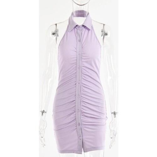 Chic Pleated Button Shirts Mini Dress Elegant Women Cocktail Party Club Turn-down Collar Halter Sleeveless Ribbed Pencil Dresses