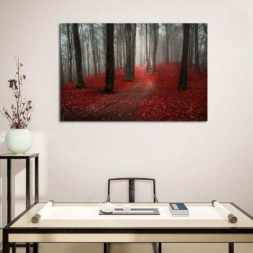 Modern Large Tree Painting, Black White Red Forest Landscape Canvas Wall Art Posters and Prints Pictures Drop shipping