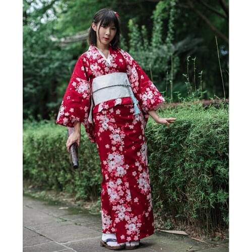 Traditional Japanese Floral Kimono with Obi Womens Cotton Bath Robe Yukata Female Vintage Cosplay Costume Evening Dress