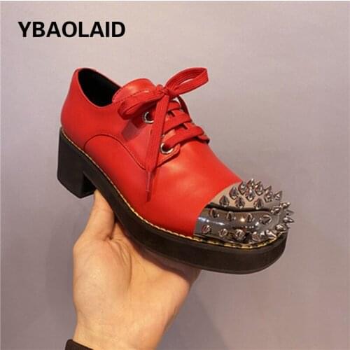 Square-toe Cowhide Thick-soled Lace-up Unisex Thick-heeled Shoes with Iron Toe Deep-mouth Metal Rivets Loafers for Women