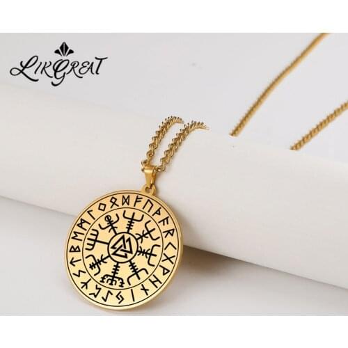 Wicca Viking Necklaces Silver Plated Black Gold-color Necklace for Men Women Futhark Runes Pendant Stainless Steel Chain Jewelry