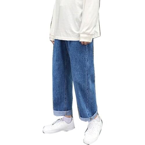 Japanese streetwear mens straight-leg jeans Harajuku blue Korean fashion elastic jeans 2021