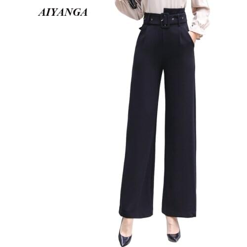 2018 OL Fashion Pants Women Wide Leg Pants with Belt High Waist Trousers Female Suit Pants Autumn Style Office Ladies Black