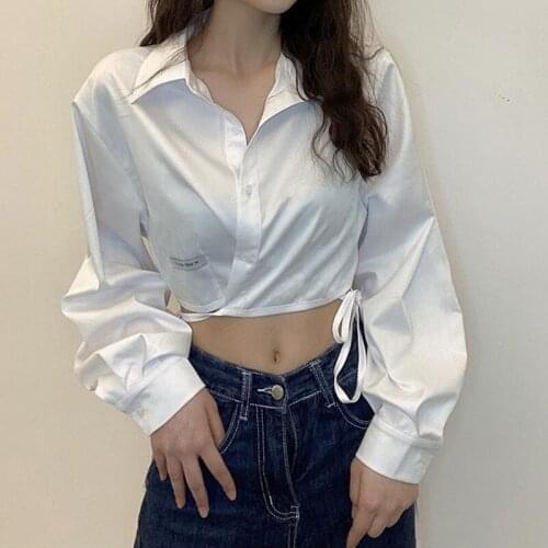 Women Sexy Tops 2021 Fall Fashion Solid Long Sleeve T Shirt Back Split Loose Female Tees Pure Lace Up High Quality Crop Tops