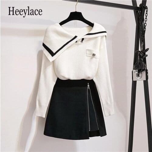 2020 Autumn Winter set Women Long Sleeve Turn-down Collar Knitted Sweater + A-Line Mini Skirts Suit women korean Two Piece Set