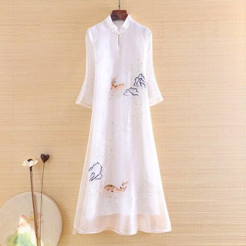 High-end Summer Organza Women Cheongsam Dress Retro Elegant Embroidery Fawn 3/4 Sleeve Slim Lady Party Qiapao Dress S-XXL