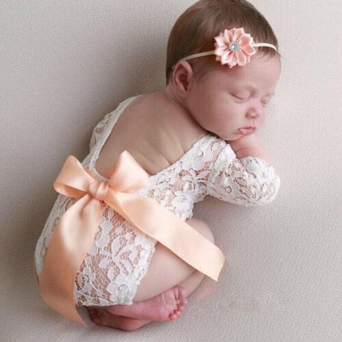 2020 Baby Accessories Newborn Lace Romper Photo Clothing Bow lace Hair Band Set Photography Props Backless Bodysuits +Headband