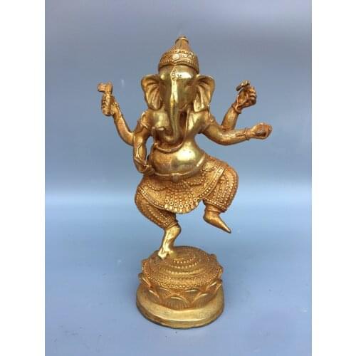 8"Chinese temple collection Old Bronze Gilt Four arms Elephant Trunk God of Wealth Elephant Buddha Ornaments Town House Exorcism