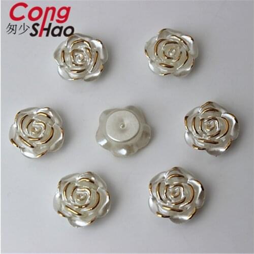 Cong Shao 100pcs 14.5mm Rose Flower Flatback Simulated Pearl beads Acrylic Rhinestone trim DIY costume Button Accessories CS200C