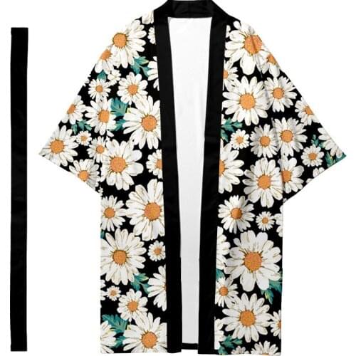 Daisy Printed Long Style Kimono Beach Cardigan With Belt Japanese Couple Women Men Casual Asian Clothes Harajuku