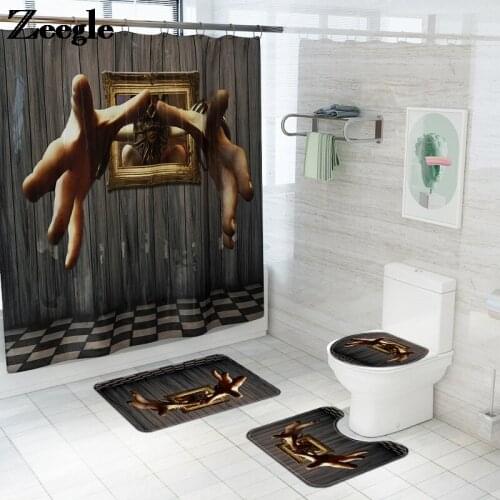 Home Decor Bathroom Carpet Rug Flannel Toilet Mat Non-slip Foot Mat Funny Style Bath Mat and 3D Hand Printing Shower Curtain Set