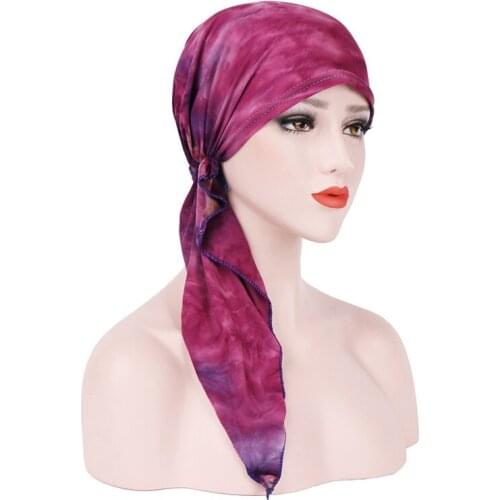 Hijab Women New European And American Tie Dyed Curved Flower Cloth Hat Muslim Headgear Pure Cotton Double Faced Cap Head Scarf