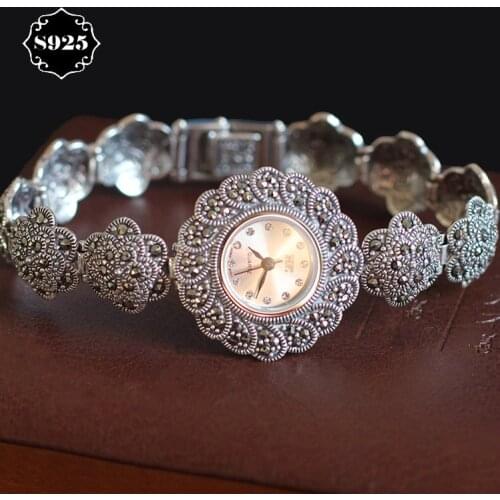Limited Edition Classic S925 Silver Pure Thai Silver Plum Flower Bracelet Watches Thailand Process Rhinestone Bangle Dresswatch
