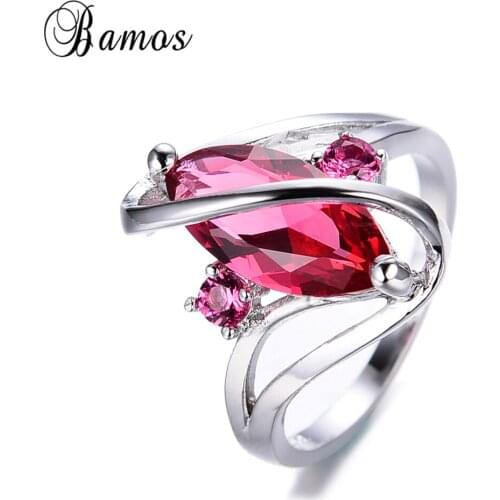 Bamos Elegant Unique Geometric Horse Eye Rose Red Cubic Zirconia Wedding Jewelry S Shape White Gold Filled Rings For Women Gifts