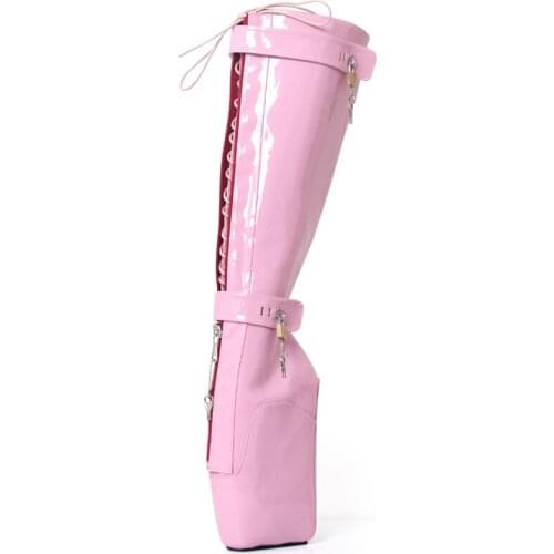 Cosplay Party Women Boots 18Cm High Wedge Heel Heelless Sexy Fetish Lockable Zipper Padlocks Knee-High Ballet Boots Unisex Shoes