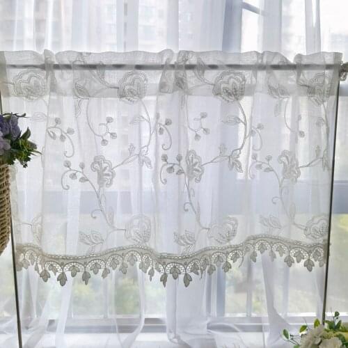 Small Cafe Curtains Embroidery Morning Glory Short Sheer Kitchen Window Drapes With Tassels Voile Rod Pocket